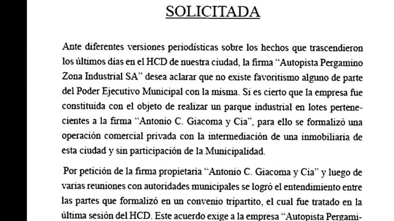 "No tenemos el tipo de vinculación que se nos pretende endilgar", dice Pergamino Zona Industrial SA