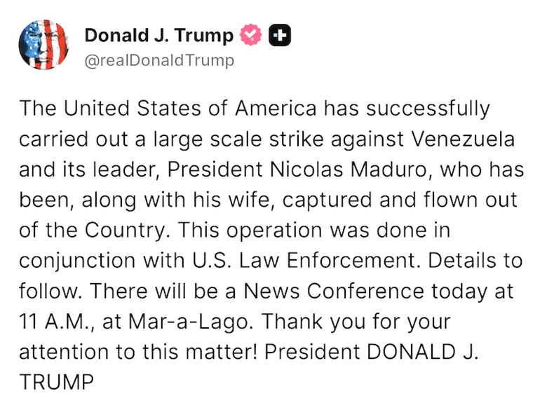 Trump anunció que EEUU capturó a Nicolás Maduro y a su esposa tras ataques sobre Caracas
