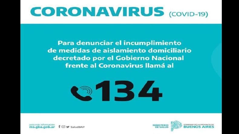 Llamar al 134 para denunciar incumplimientos de medidas de aislamiento por coronavirus