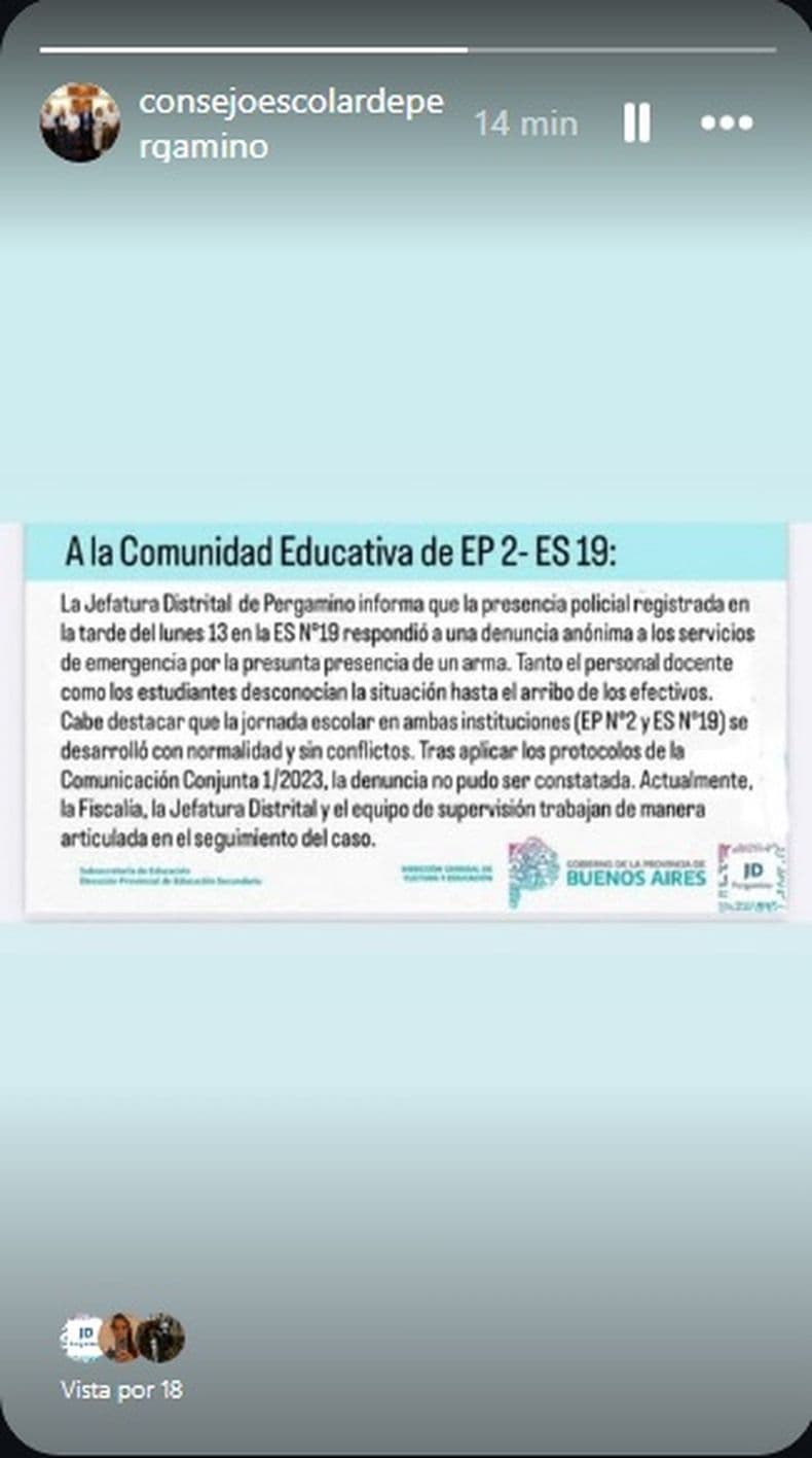 Las autoridades educativas comunicaron que no constataron que un alumno haya ido armado a la Escuela 19