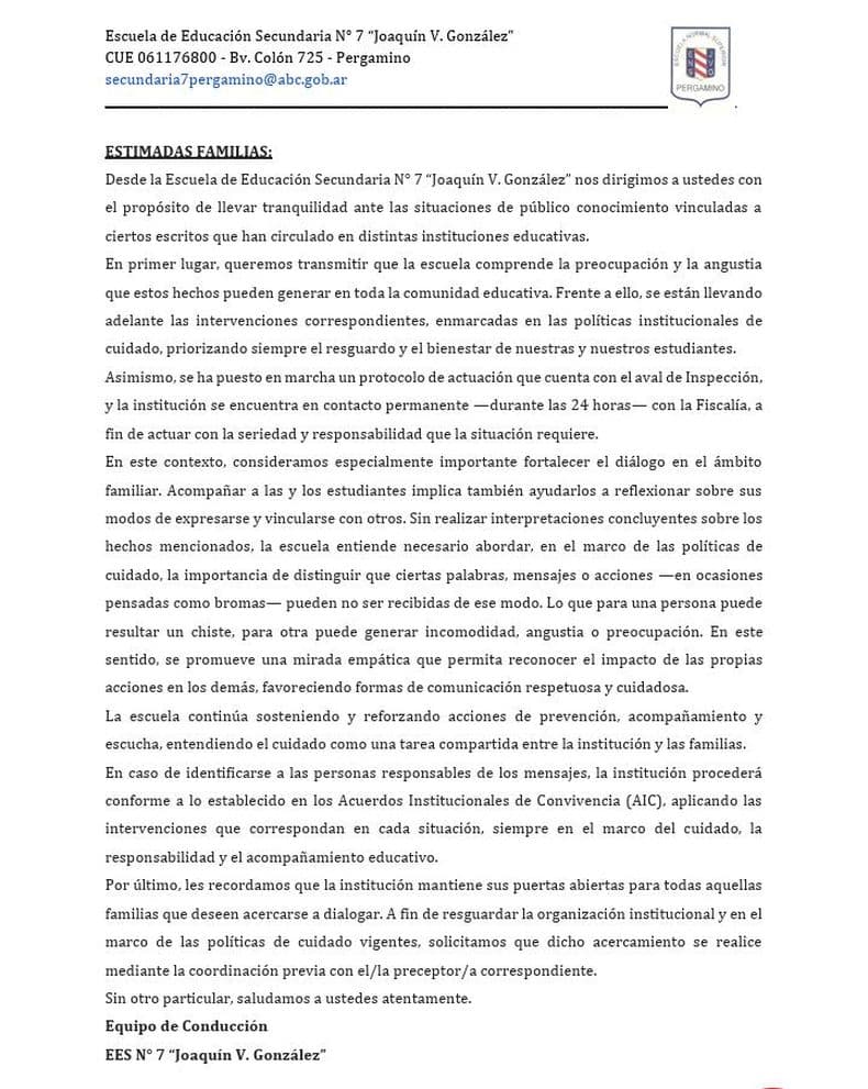 La Escuela Secundaria 7 de Pergamino envió un mensaje a la comunidad para llevar tranquilidad a los padres