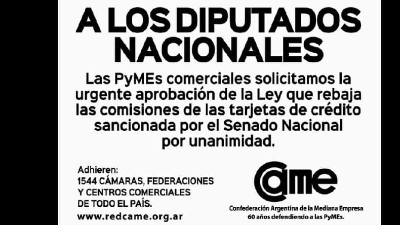 La Came y su lucha para que sea ley la reducción de comisiones de tarjetas