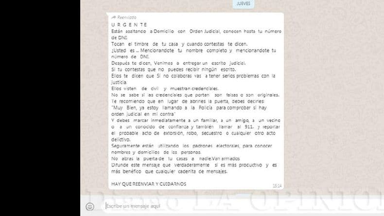 Falso mensaje circula vía Whatsapp sobre asalto a domicilio con orden judicial