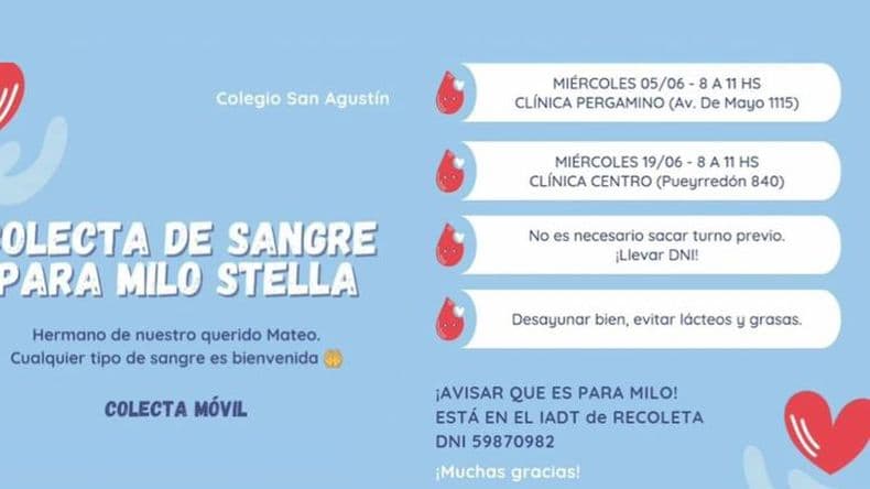 El bebé Milo Stella necesita que le donen sangre