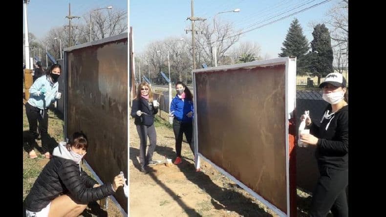 Viajantes: todos colaboran para finalizar la cancha de hockey de césped sintético