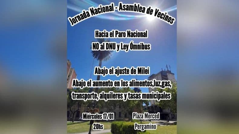 Convocan a una asamblea de vecinos en contra del DNU y la Ley Omnibus