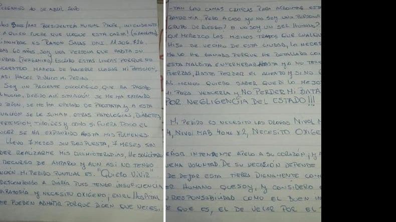 Es paciente oncológico y solicita ayuda a través de una carta