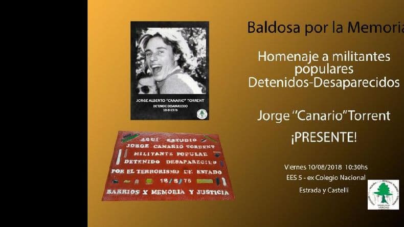 En memoria de Jorge “Canario” Torrent colocarán una Baldosa por la Memoria