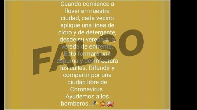 Es falso que Bomberos solicite aplicar una línea de cloro y detergente cuando comience a llover