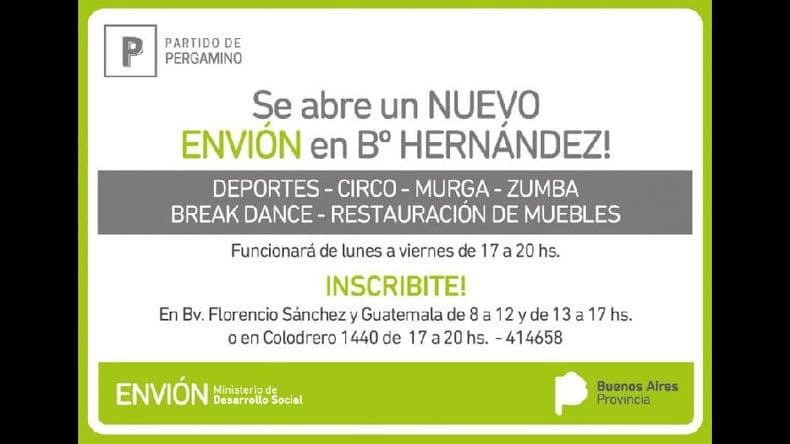El Programa Envión funcionará también en el barrio Hernández