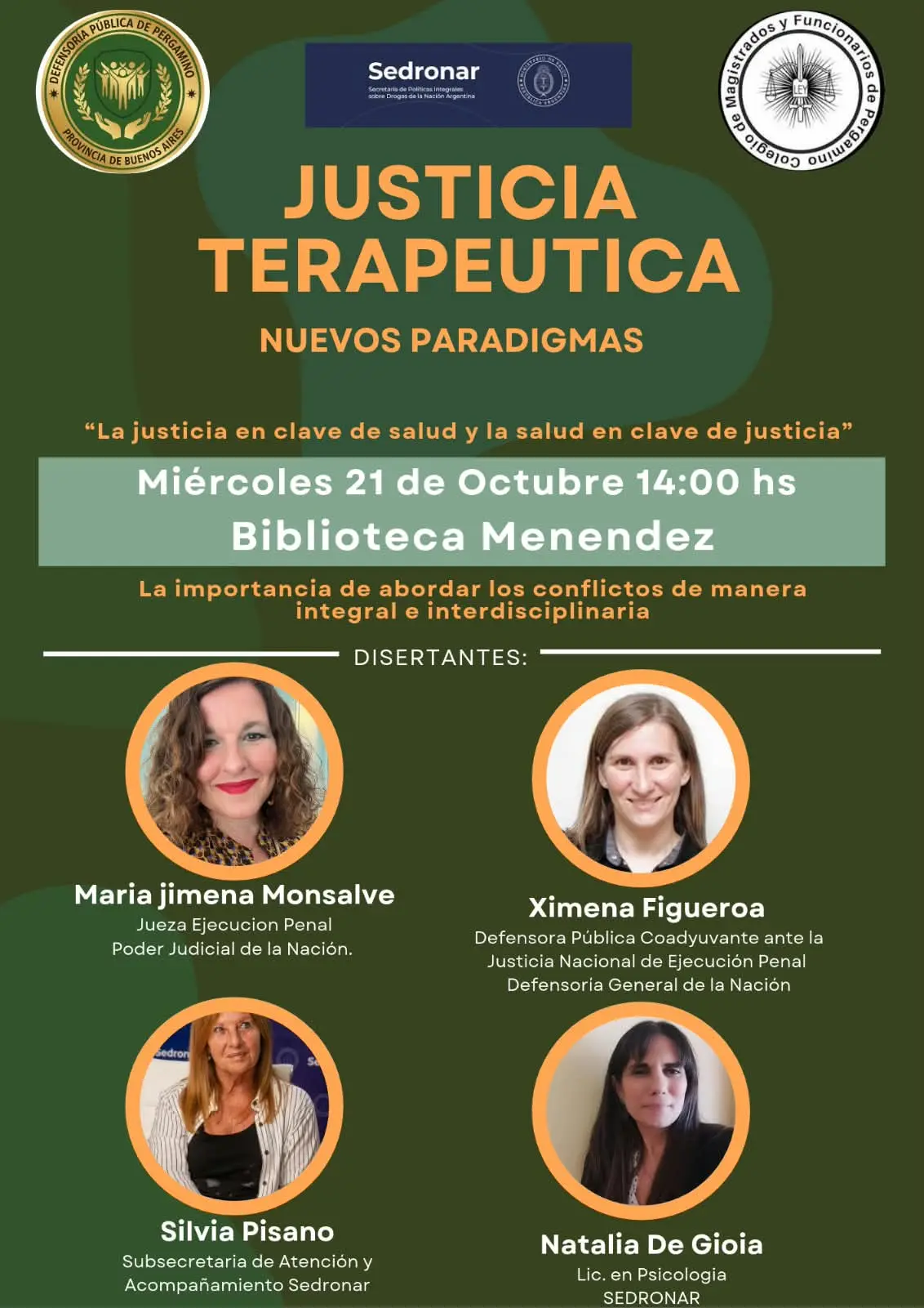 Especialistas nacionales brindarán una charla sobre Justicia Terapéutica y Salud Mental en Pergamino